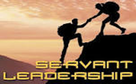 Silhouette of hiker helping up a fellow hiker on a cliff side and the word “Servant Leadership” embossed on the image